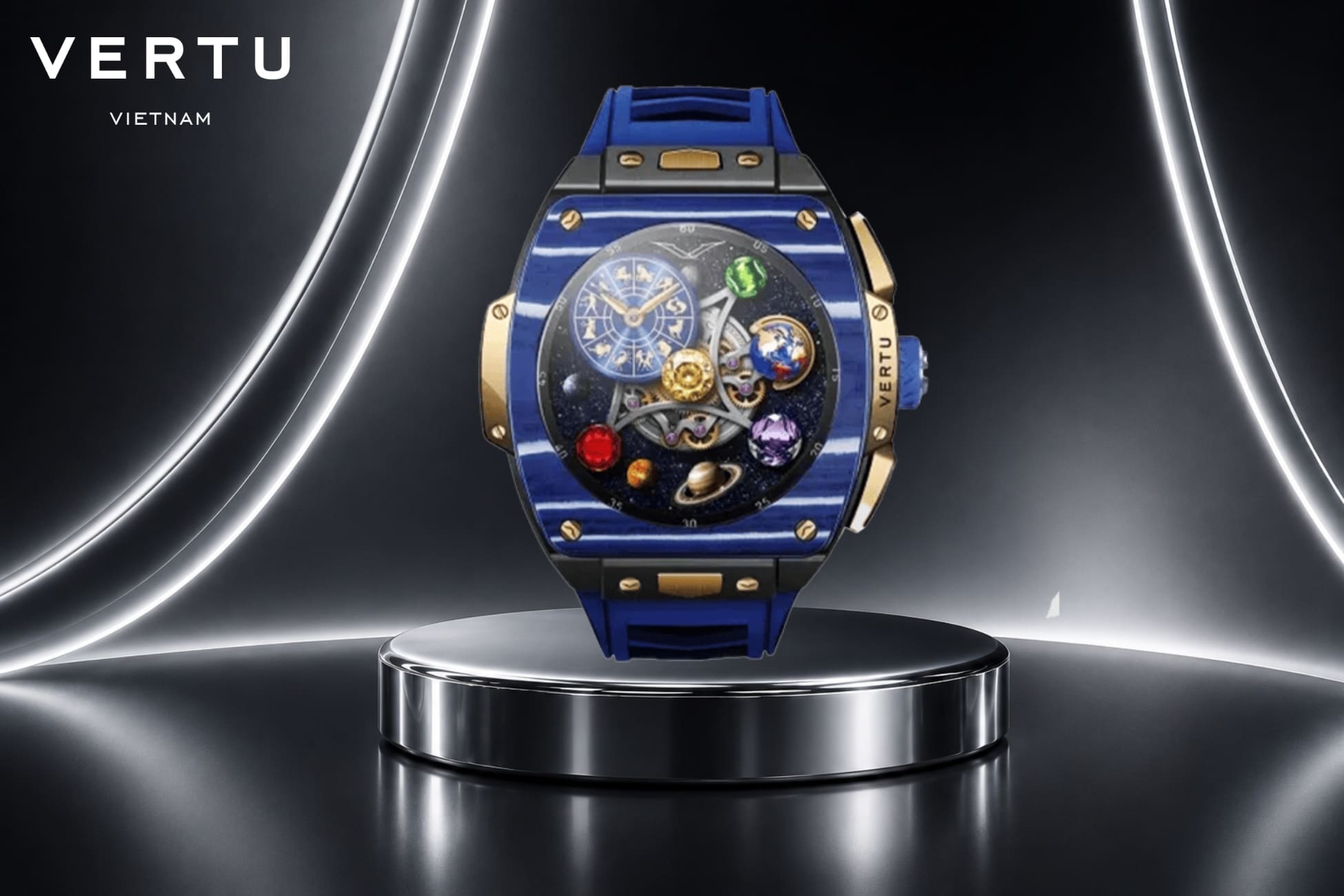 Dong Ho Vertu VERTU Watch S1 Finished Set Bespoke Gold Blue And White Carbon Fiber Navy Blue Strap