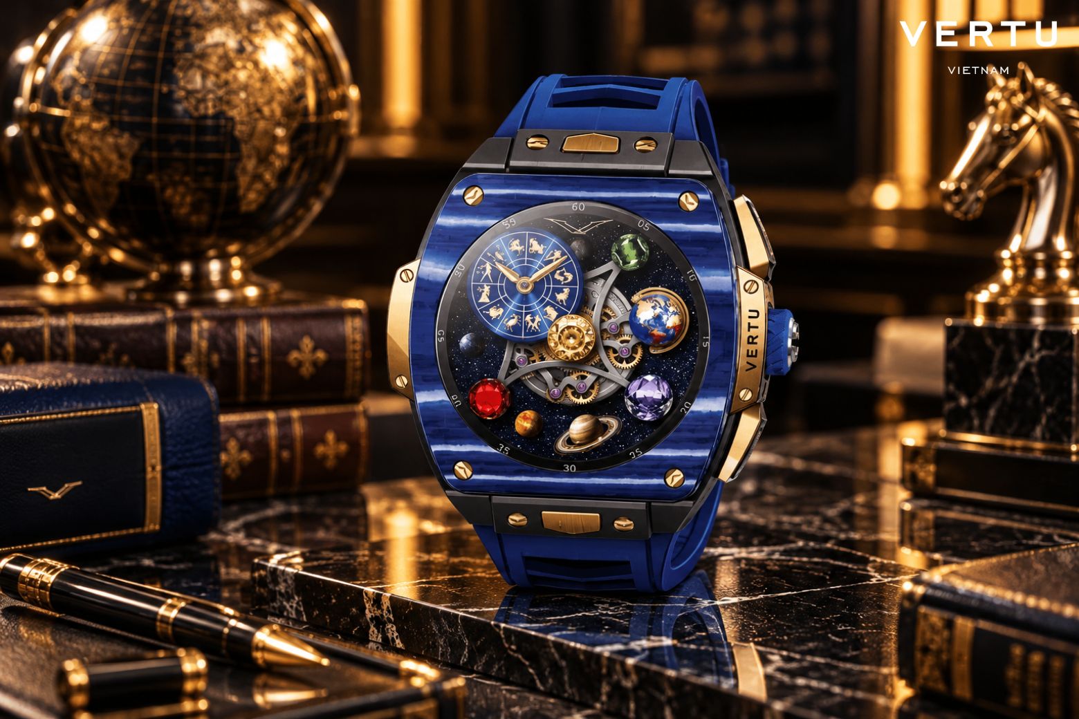 Quà tặng sếp nam cao cấp: Nên chọn gì để thể hiện đẳng cấp và sự tinh tế? 5 VERTU Watch S1 Finished Set Bespoke Gold Blue And White Carbon Fiber Navy Blue Strap